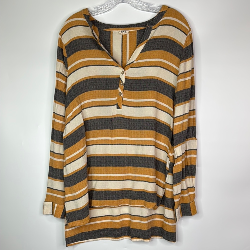 BKE Mustard Yellow Gray Striped Henley Long Sleeve Blouse Size Large